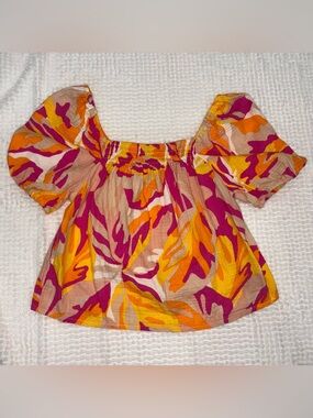 Sanctuary Off Shoulder Puff Sleeve Blouse Pink Orange Abstract Print Size Small